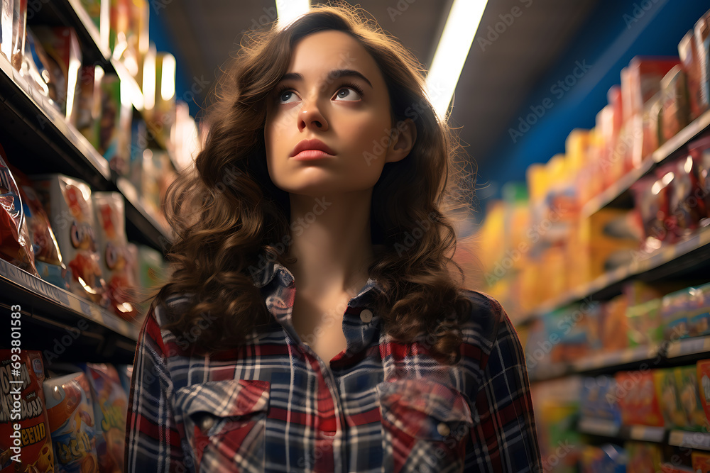 A Close-Up Portrait of a Thoughtful and Discerning Woman Standing in the Aisles of a Well-Stocked Grocery Store, Deliberating Between Two Different Brands of Cereal Consumer Choice A Close-Up Portrait of a Thoughtful and Discerning Woman Standing in the Aisles of a Well-Stocked Grocery Store, Deliberating Between Two Different Brands of Cereal Consumer Choice