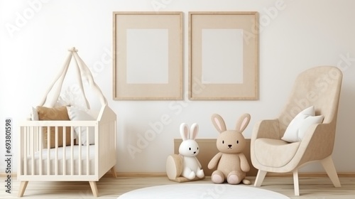 Mock up frame in unisex children room interior background.