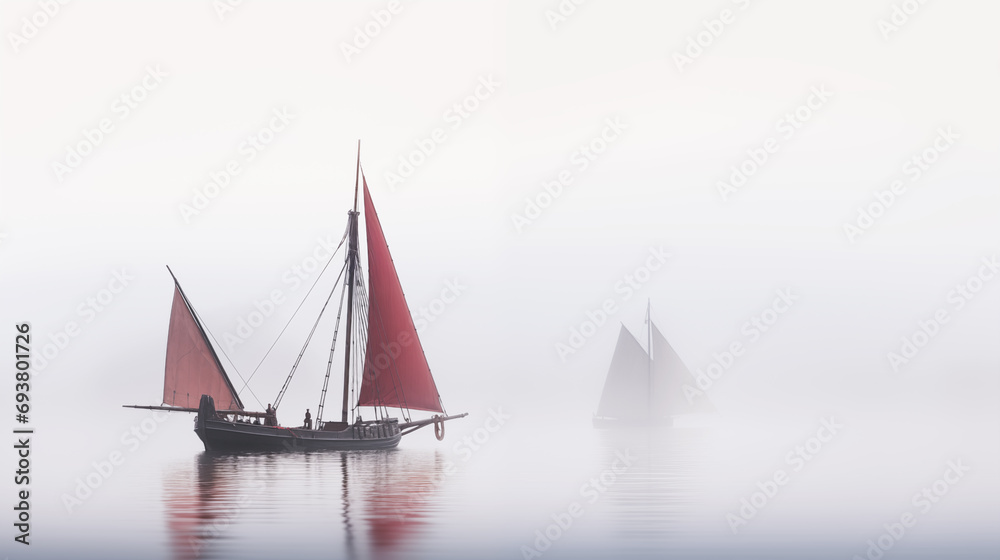 Sailing ships sailing in sea fog, hyper realistic peaceful landscape.