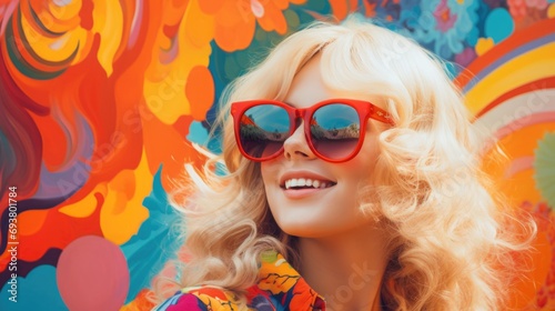 Portrait of a happy fair-haired woman in sunglasses colourful.