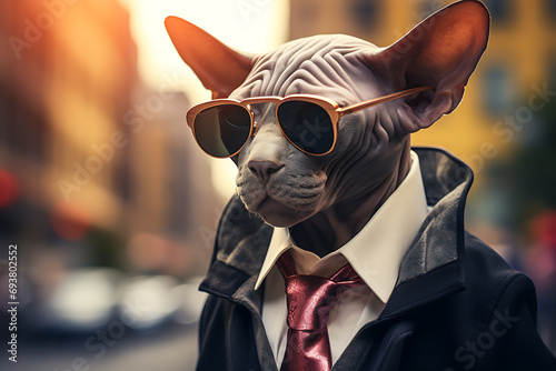 A Sphynx Cat Sporting Sunglasses, a Hat, and a Business Suit, Strolling Confidently in a Busy Street – Close-Up with Bokeh Background, Embracing the Purr-fect Blend of Style and Whiskered Charm photo