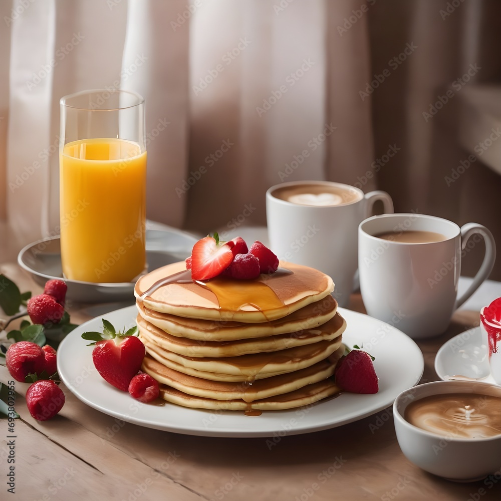Breakfast. Pancakes and coffee with milk on a tray for Valentine's day. Breakfast. Pancakes and coffee with milk on a tray for Valentine's day.