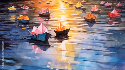 watercolor background capturing the whimsy of paper boats sailing in a puddle after the rain. photo