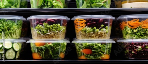 Pre-made veggie salads in plastic containers sold in a fridge. photo