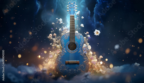 An acoustic guitar with a sky background.