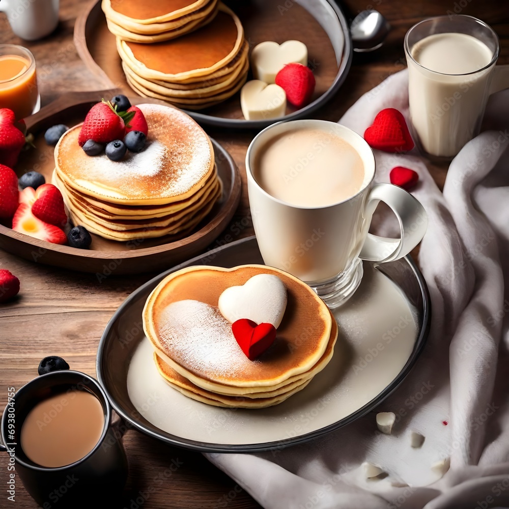 Breakfast. Pancakes and coffee with milk on a tray for Valentine's day.