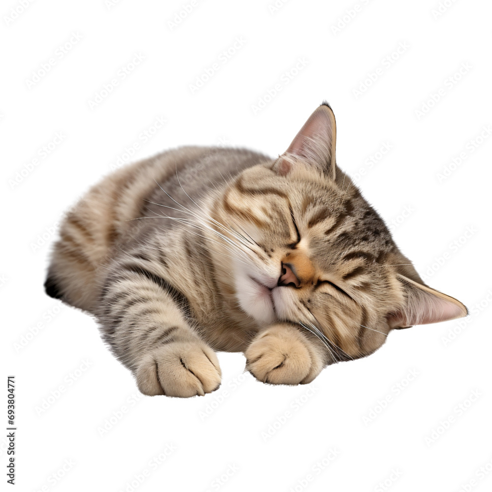 A cat in a sleeping or lounging pose,home cute pet animal ,isolated on white and transparent background