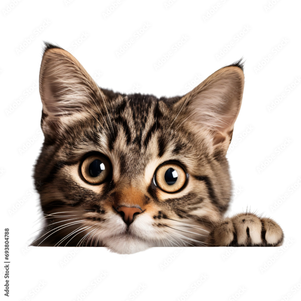 A cat peeking out from behind a corner. Home pet animal cutout ,isolated on white and transparent background.