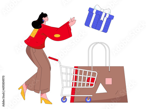 Holiday shopping people doing e-commerce online shopping flat vector concept operation hand drawn illustration
