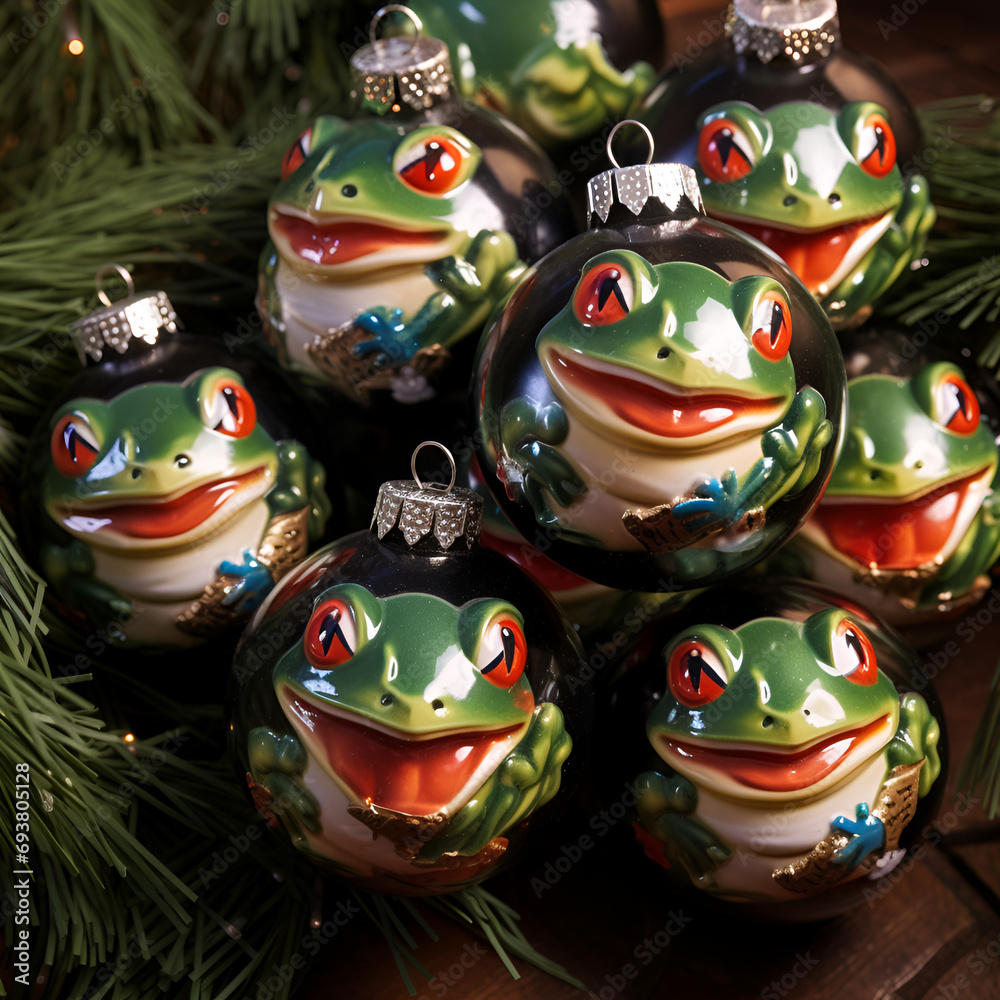 New Year's balls with a close-up image of a frog.