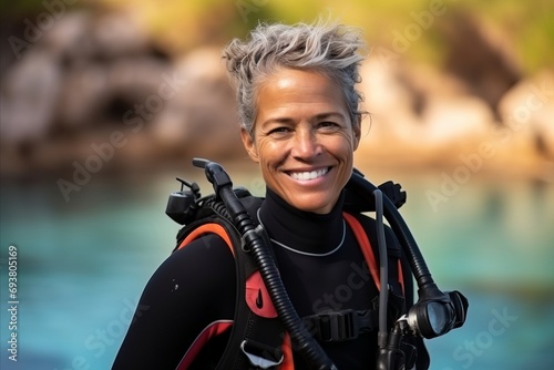 Portrait of a happy senior woman with scuba gear smiling at the camera