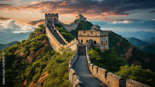 A Photo of Iconic Great Wall of China stretching across the rugged mountainous landscape, an architectural marvel steeped in ancient history. Generative AI Illustation