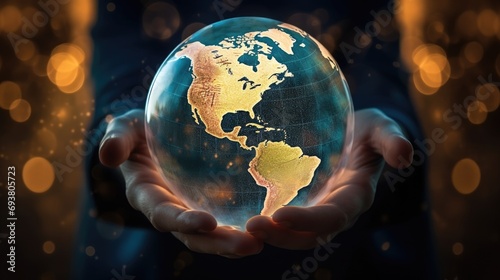 world globe in hands lights background