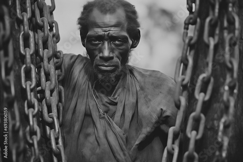 A historic portrait of a black african slave with metal chains