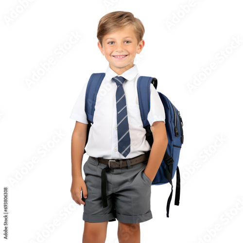 5 years old boy student with backpack posing on a transparent background photo