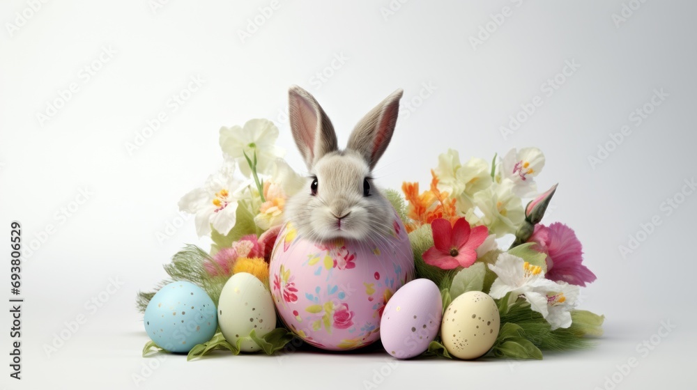 Obraz premium The easter bunny with painted easter egg, Happy easter season.