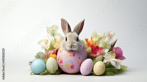 The easter bunny with painted easter egg, Happy easter season.
