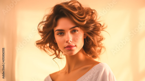 Portrait of a beautiful young brunette on beige background.