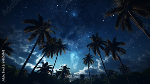 Oasis with palm tree silhouettes with starry sky background.
