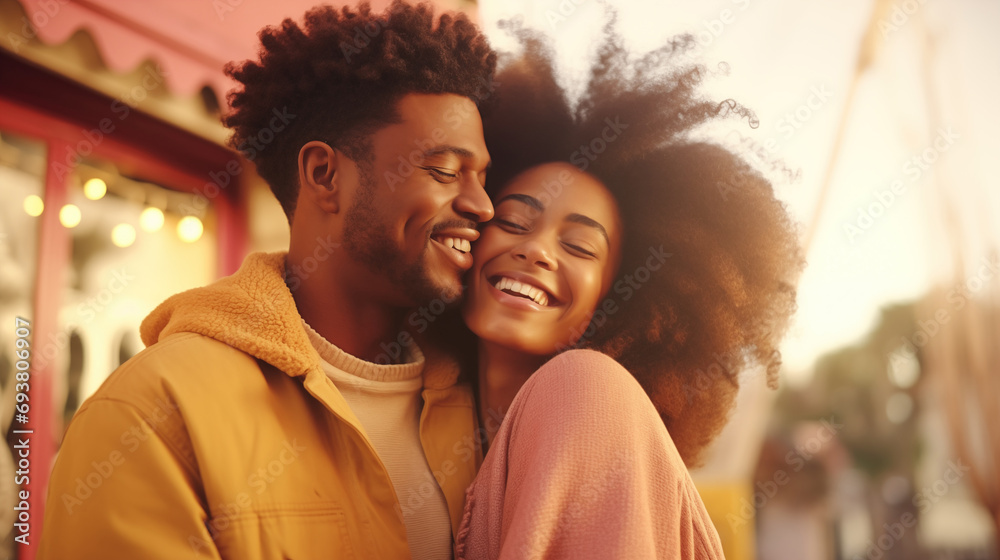 Smiling black african american young couple hugging her boyfriend for Valentine's Day, generative ai - obrazy, fototapety, plakaty 