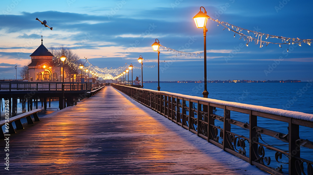 Illuminated pier in Brzezno on the winter
