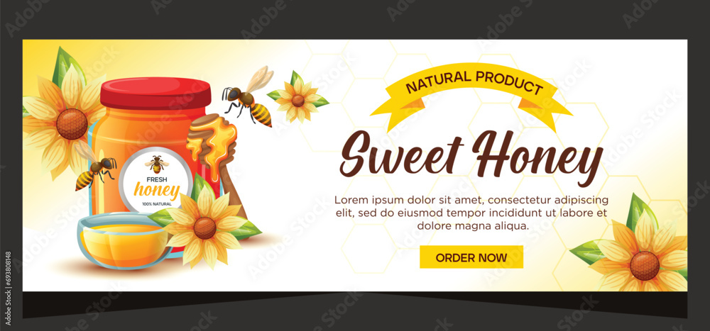 Horizontal honey banner. Organic natural honey vector illustration