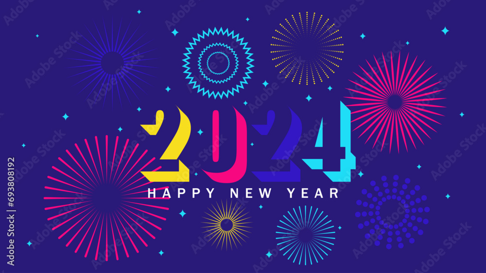 Happy 2024 New Year background. Festive fireworks. Vector illustration. - obrazy, fototapety, plakaty 