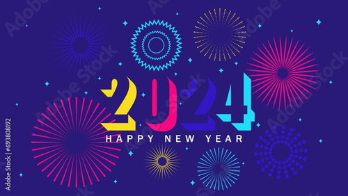 Happy 2024 New Year background. Festive fireworks. Vector illustration.