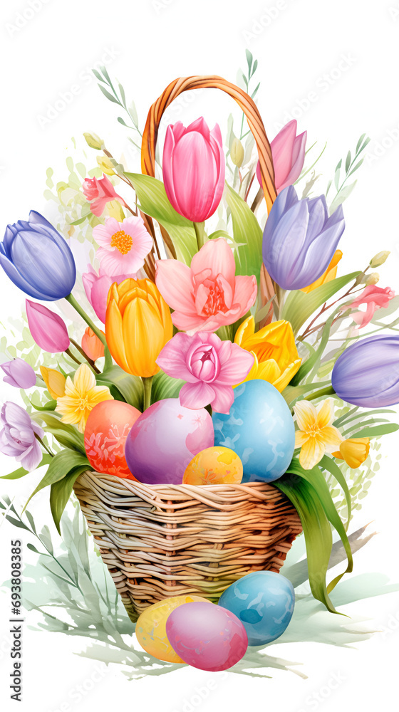 bouquet of tulips and Easter eggs on a white background