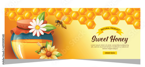 Horizontal honey advertising banner design. Honey vector illustration