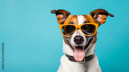 A cute dog wearing sunglasses on a blue background isolated. © Tech Hendra