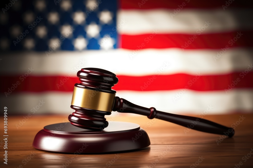 A close-up of a judge's gavel and the USA flag placed on a wooden table. An impressive scene symbolizing fair and meaningful trials.

 Generative AI