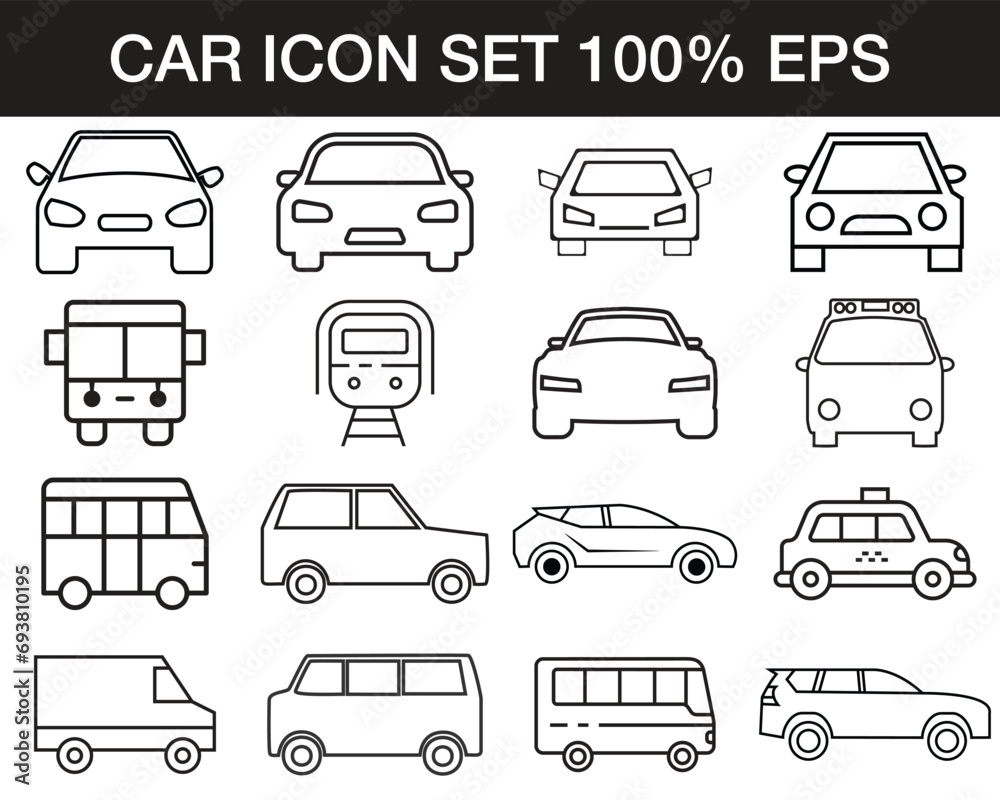 Obraz premium Car icons set. Car icon set in linear style. Transport symbol. Vector illustration.