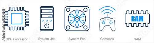 A set of 5 Computer Parts icons as cpu processor, system unit, system fan