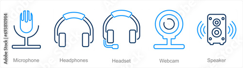 A set of 5 Computer Parts icons as microphone, heaphones, headset