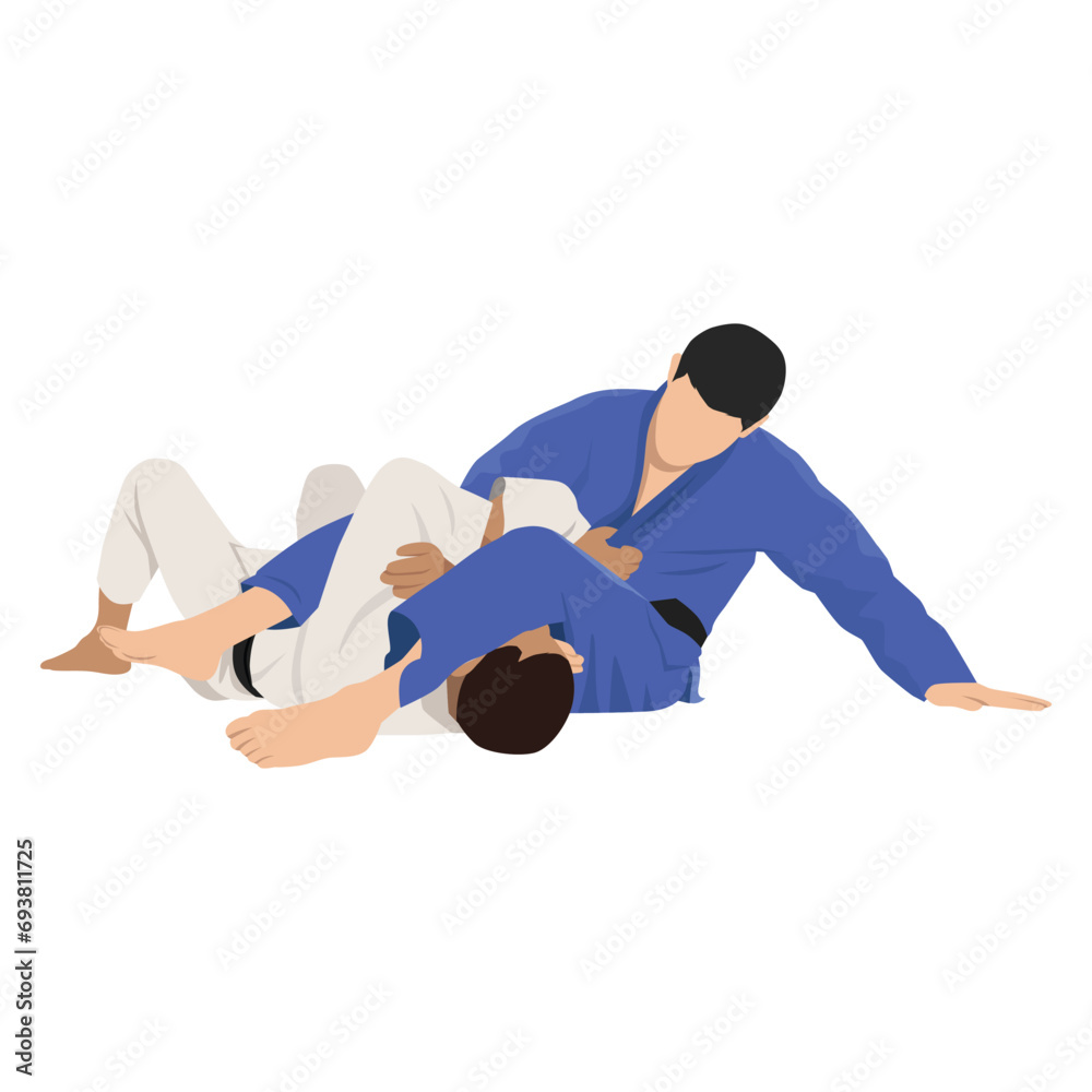 Two Brazilian Jiu Jitsu Athletes fighting choke. Flat vector illustration isolated on white background Two Brazilian Jiu Jitsu Athletes fighting choke. Flat vector illustration isolated on white background