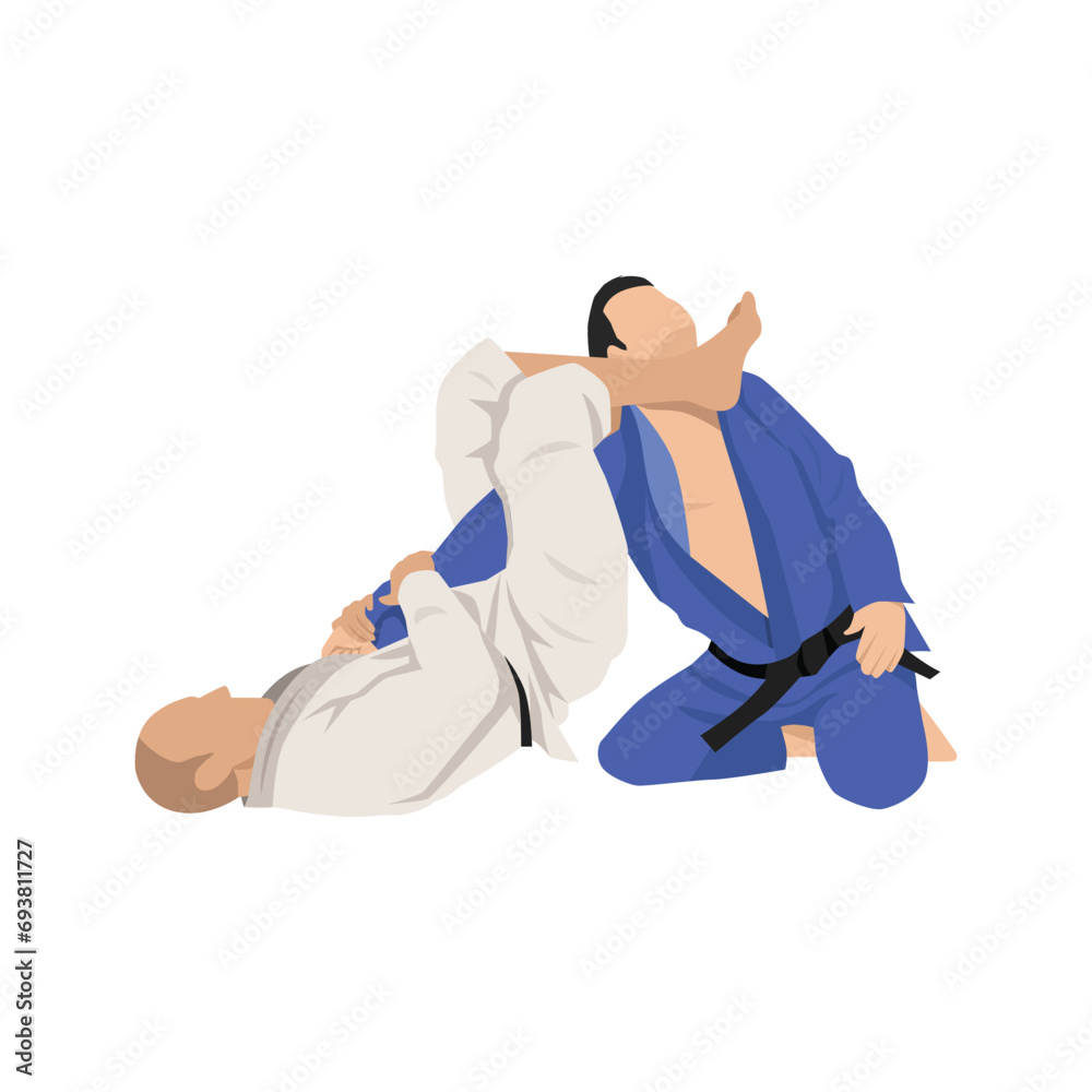 Two Brazilian Jiu Jitsu Athletes fighting choke. Flat vector illustration isolated on white background Two Brazilian Jiu Jitsu Athletes fighting choke. Flat vector illustration isolated on white background