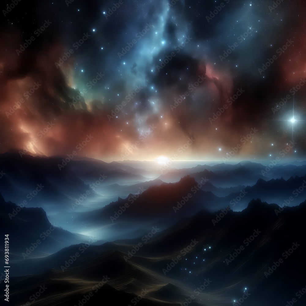 The deep space of space, where dark mountain ranges and twinkling stars lead