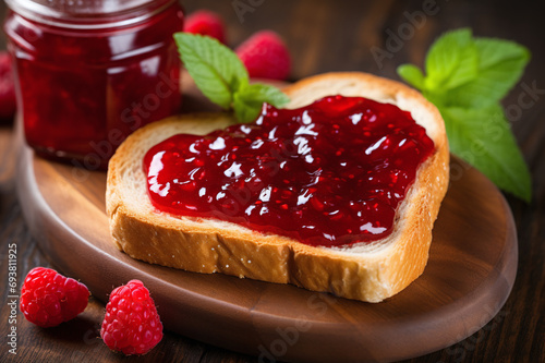 Heart-shaped toast with strawberry jam, breakfast for your loved one on Valentine's Day