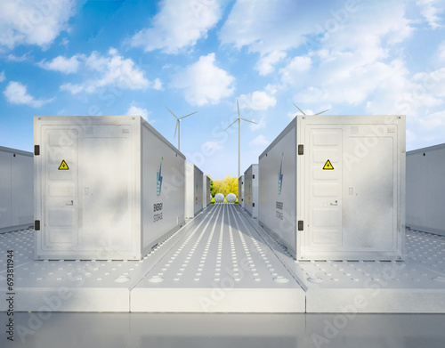 Energy storage systems or battery container units with turbine farm