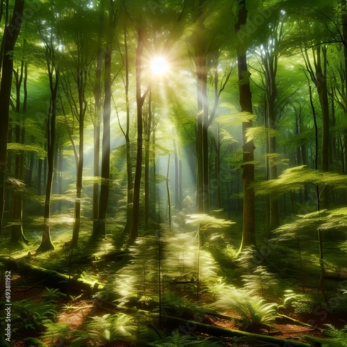 Sunlight shining through leaves in a dense forest