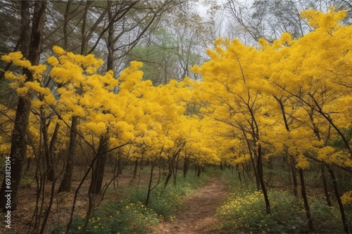 Yellow mimosa bushes along the road in the forest, spring flowers