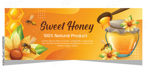 Horizontal honey banner. Organic natural honey vector illustration