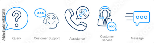 A set of 5 Contact icons as query, customer support, assistance