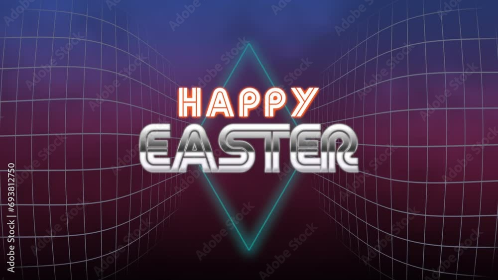 A vibrant Easter bunny in a striped shirt happily holds a carrot in its mouth amidst a neon-lit background. The words Happy Easter shine brightly with a futuristic font in neon pink and purple A vibrant Easter bunny in a striped shirt happily holds a carrot in its mouth amidst a neon-lit background. The words Happy Easter shine brightly with a futuristic font in neon pink and purple