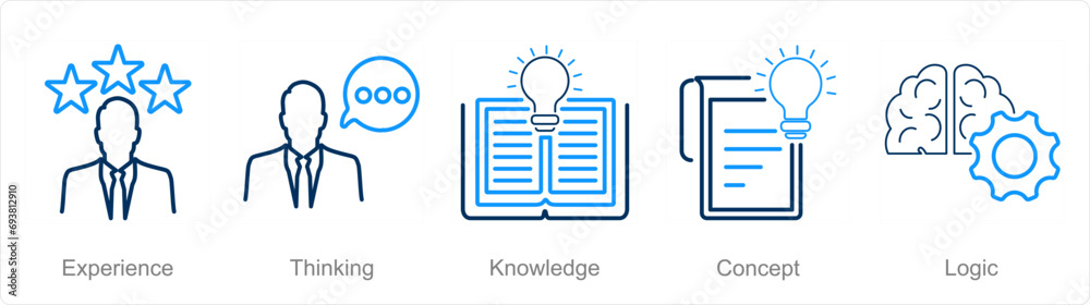A set of 5 Critical Thinking icons as experience, thinking, knowledge A set of 5 Critical Thinking icons as experience, thinking, knowledge