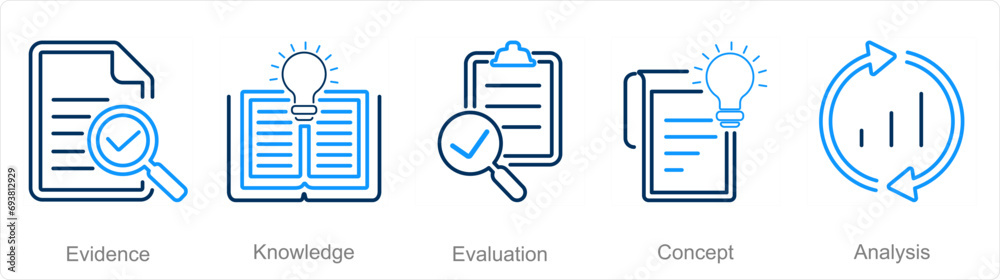 A set of 5 Critical Thinking icons as evidence, knowledge, evaluation A set of 5 Critical Thinking icons as evidence, knowledge, evaluation