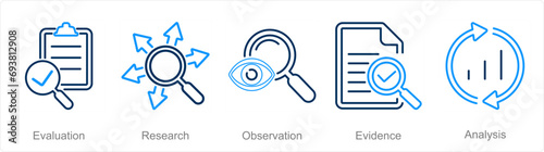 A set of 5 Critical Thinking icons as evaluation, research, observation
