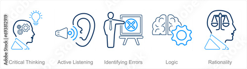 A set of 5 Critical Thinking icons as critical thinking, active listening, identifying errors