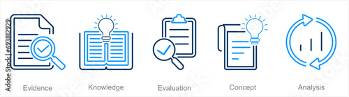 A set of 5 Critical Thinking icons as evidence, knowledge, evaluation